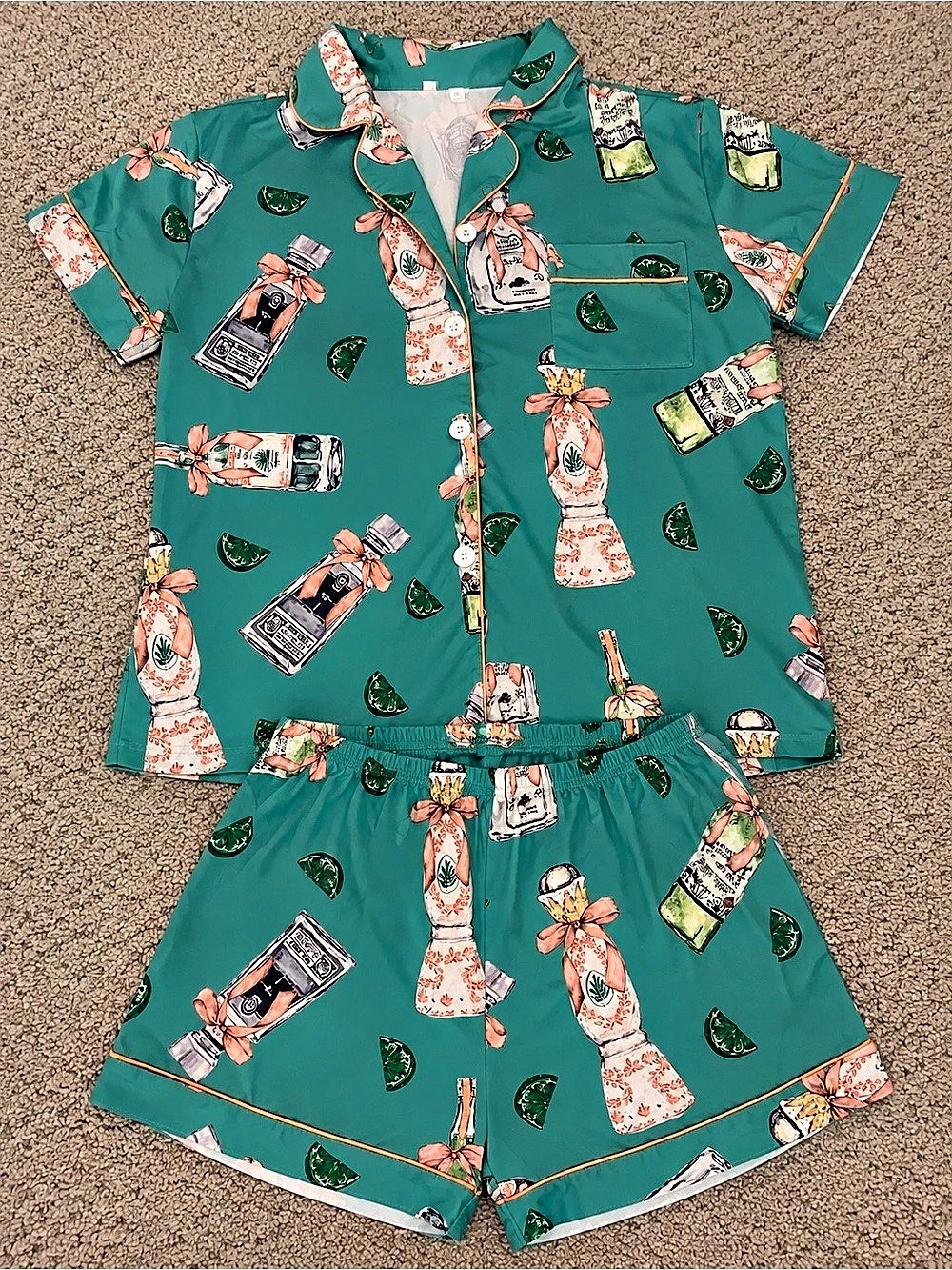 TikTok Shop Printed Pajama Set in Green & Pink Like New